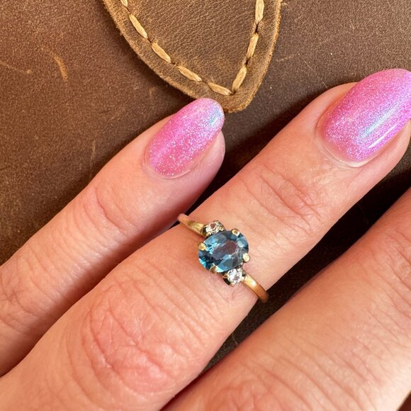 Antique 10k Blue Topaz and Diamond Ring Solid Gold - Picture 2 of 10